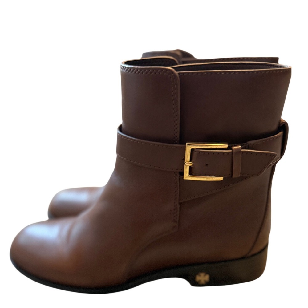 Tory Burch Brooke Brown Calf Leather Ankle Bootie Gold Logo Womens 7 - Picture 5 of 14